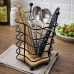 Suporte Talheres Porta Utens&iacute;lios 15,5cm A&ccedil;o Preto Base Madeira Cozinha