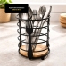 Porta Talheres Organizador Talheres 16cm A&ccedil;o Preto Base Madeira Suporte Cozinha Mesa Bancada