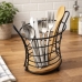 Porta Talheres Suporte Talheres Organizador Aço Preto 18,5cm Base Madeira Cozinha Mesa