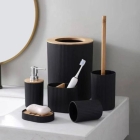Kit Banheiro Bambu 6 Pe&ccedil;as Preto - Lixeira com Tampa, Saboneteira, Porta Escova