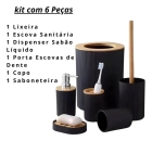 Kit Banheiro Bambu 6 Pe&ccedil;as Preto - Lixeira com Tampa, Saboneteira, Porta Escova