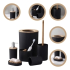 Kit Banheiro Bambu 6 Pe&ccedil;as Preto - Lixeira com Tampa, Saboneteira, Porta Escova
