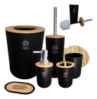 Kit Banheiro 6 Pe&ccedil;as Preto Bambu Pl&aacute;stico Lixeira Saboneteira Porta Escova Organiza&ccedil;&atilde;o
